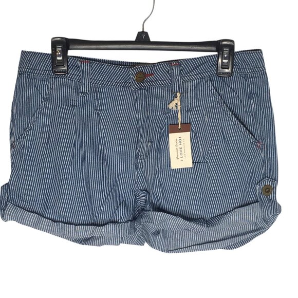 I Love H81 Denim Shorts Womens 29 Blue White Pinstripe Cuffed Roll Hem Pleated - Picture 1 of 13